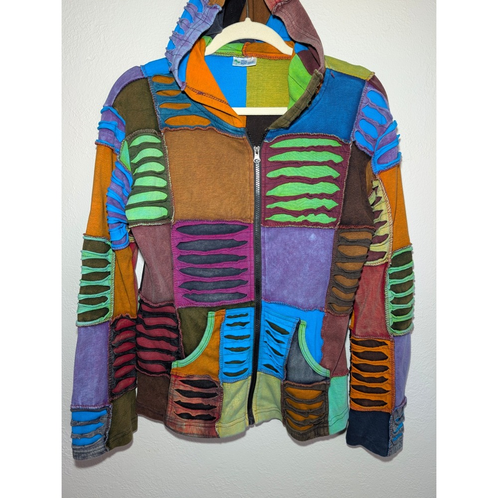 Patchwork Hoodie Mens L Multi Color Razor Cut Distressed Grunge Psychedelic